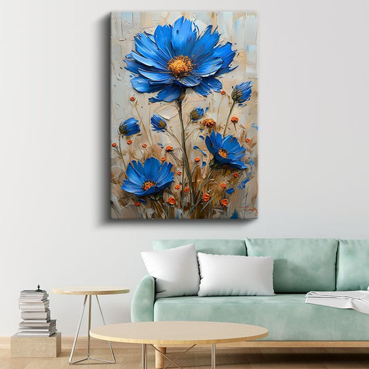 Mavi Papatyalar - Kabartma Görünümlü Çiçek Kompozisyonu Kanvas Tablo
