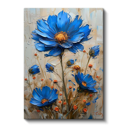 Mavi Papatyalar - Kabartma Görünümlü Çiçek Kompozisyonu Kanvas Tablo