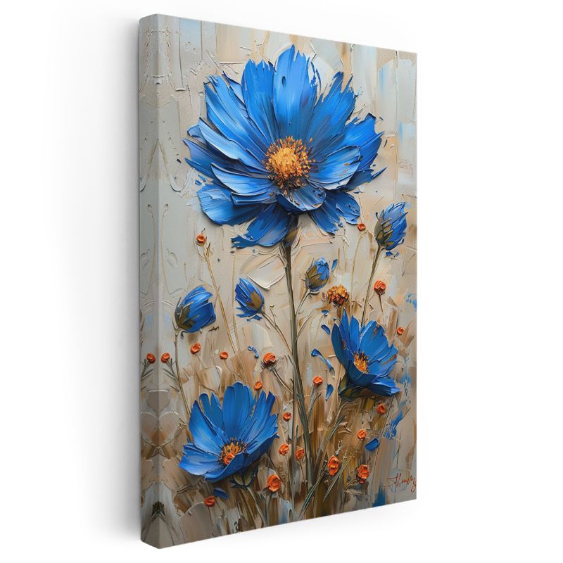 Mavi Papatyalar - Kabartma Görünümlü Çiçek Kompozisyonu Kanvas Tablo