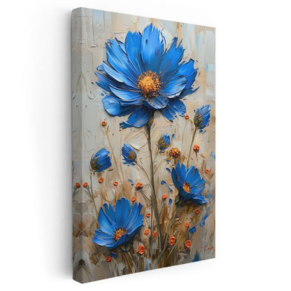 Mavi Papatyalar - Kabartma Görünümlü Çiçek Kompozisyonu Kanvas Tablo