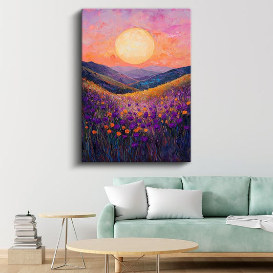 Lavanta Tarlası - Turuncu Gün Batımı Manzarası Kanvas Tablo