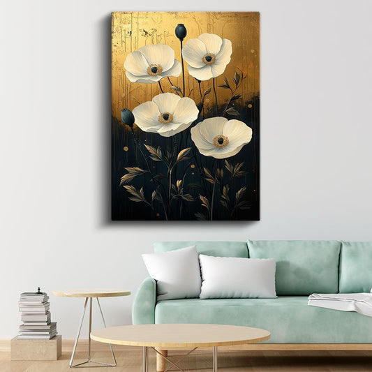 Beyaz Gelincikler - Altın Zemin Üzerinde Zarif Çiçekler Kanvas Tablo