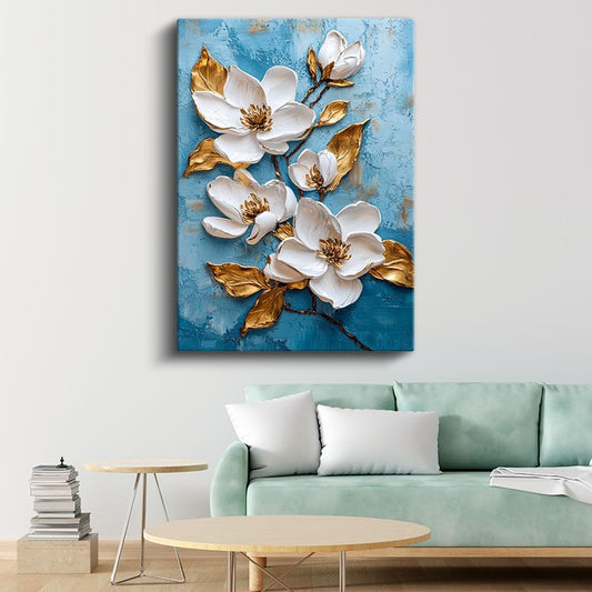 Mavi Fonda Beyaz Manolyalar - Altın Yapraklı 3D Çiçek Kanvas Tablo