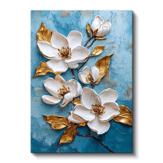Mavi Fonda Beyaz Manolyalar - Altın Yapraklı 3D Çiçek Kanvas Tablo