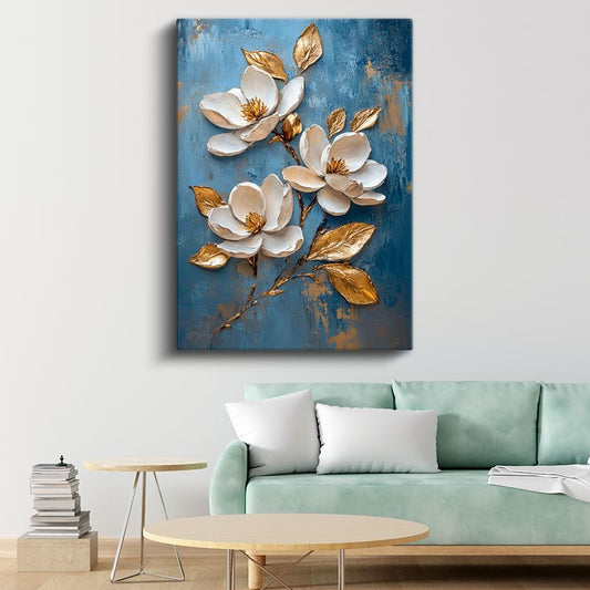 Zarif Manolya Çiçekleri - Mavi Fonda Altın Detaylı Kanvas Tablo