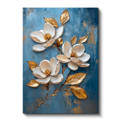 Zarif Manolya Çiçekleri - Mavi Fonda Altın Detaylı Kanvas Tablo