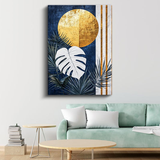 Tropikal Monstera - Mavi Altın Geometrik Dekor Kanvas Tablo