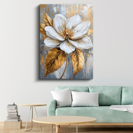 Altın Dokunuşlu Beyaz Çiçek - Tekstürlü Sanat Kanvas Tablo