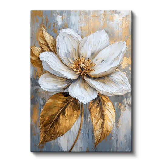 Altın Dokunuşlu Beyaz Çiçek - Tekstürlü Sanat Kanvas Tablo