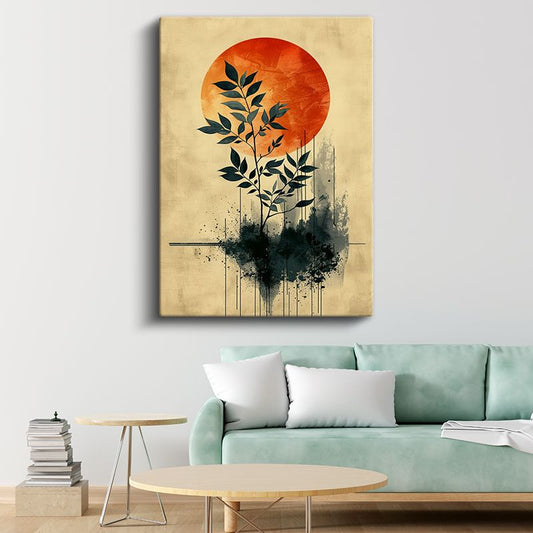 Gün Batımı Yapraklar - Minimalist Botanik Siluet Kanvas Tablo