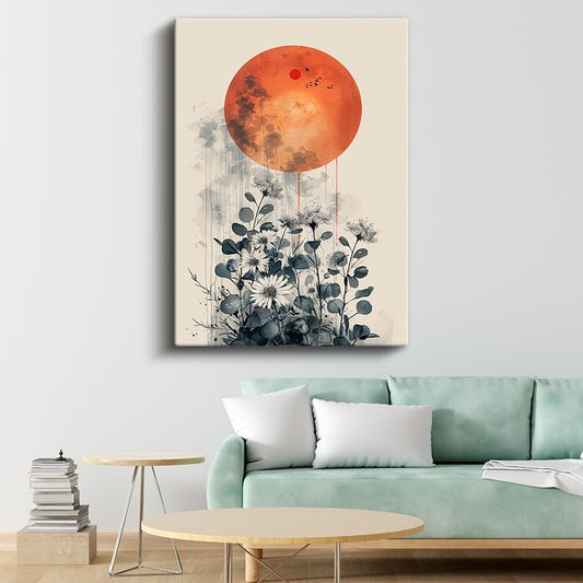Turuncu Ay Papatyalar - Soyut Doğa Manzarası Kanvas Tablo