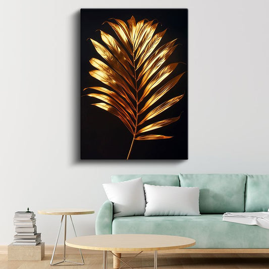 Altın Palmiye Yaprağı - Lüks Siyah Fon Botanik Kanvas Tablo
