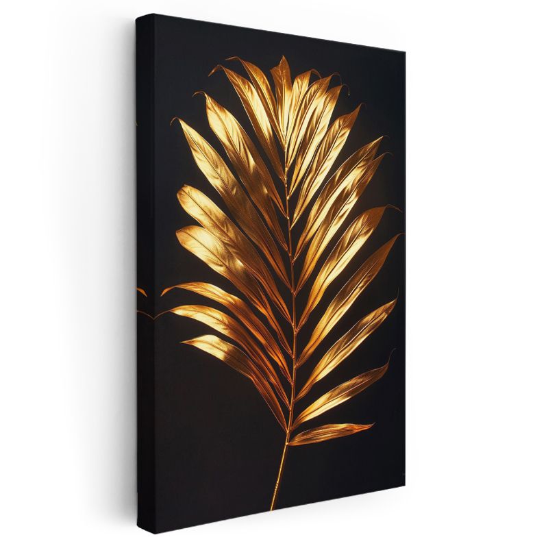 Altın Palmiye Yaprağı - Lüks Siyah Fon Botanik Kanvas Tablo