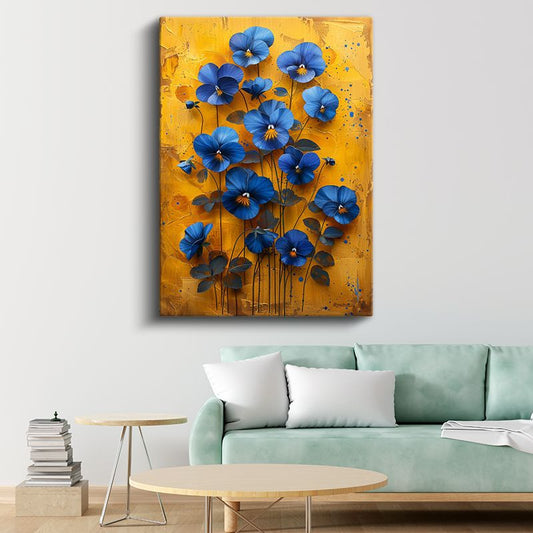 Mavi Menekşeler - Sarı Fonda Kontrast Çiçek Kanvas Tablo
