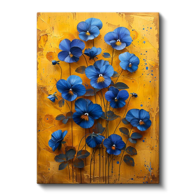 Mavi Menekşeler - Sarı Fonda Kontrast Çiçek Kanvas Tablo