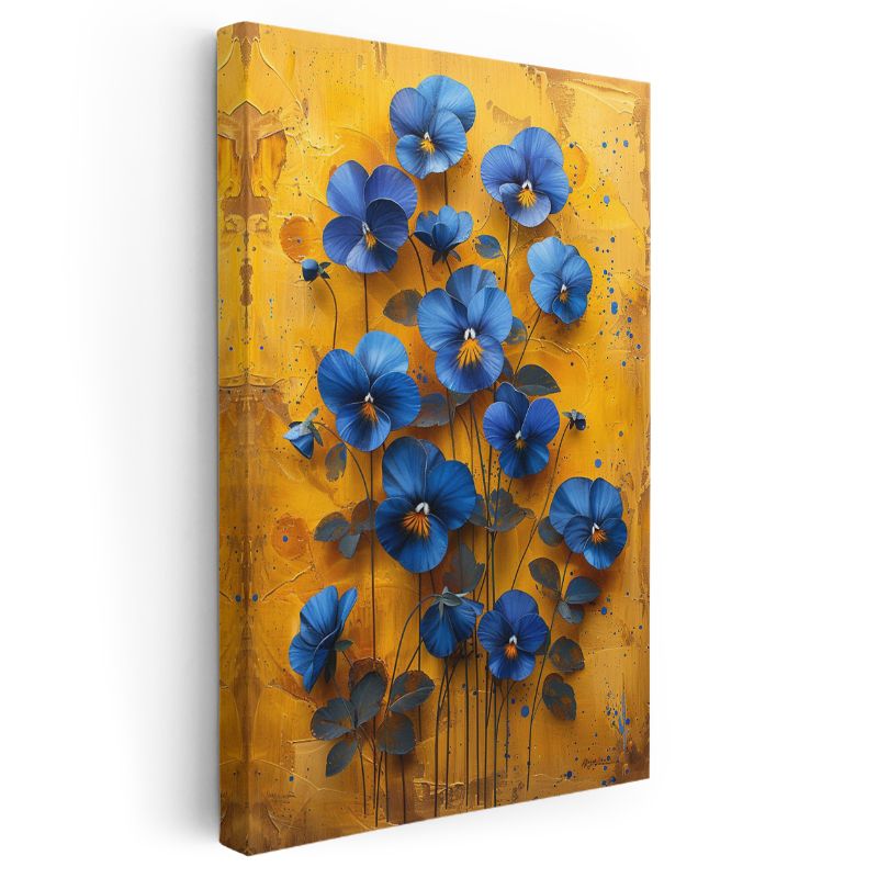 Mavi Menekşeler - Sarı Fonda Kontrast Çiçek Kanvas Tablo