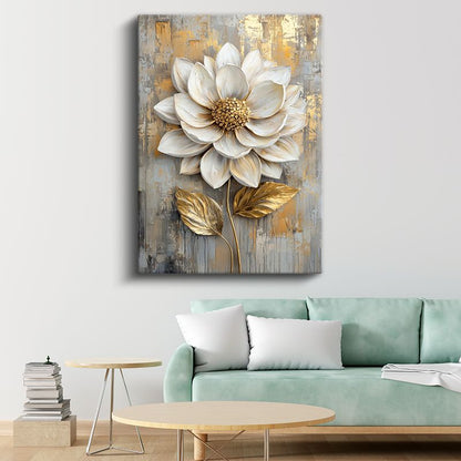 Beyaz Dahlia - Altın Detaylı Tekstürlü Çiçek Kanvas Tablo