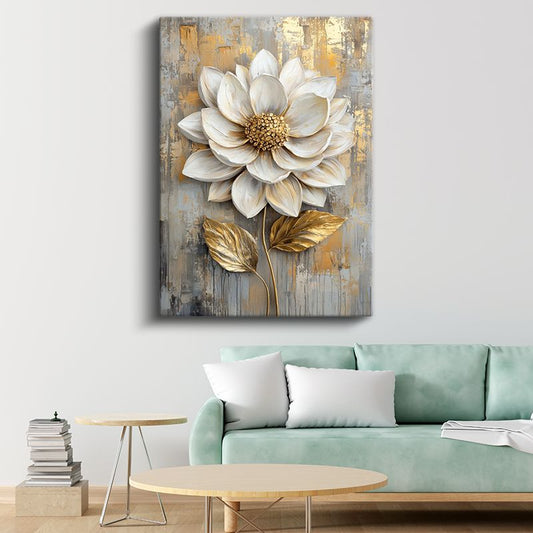 Beyaz Dahlia - Altın Detaylı Tekstürlü Çiçek Kanvas Tablo