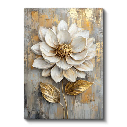 Beyaz Dahlia - Altın Detaylı Tekstürlü Çiçek Kanvas Tablo