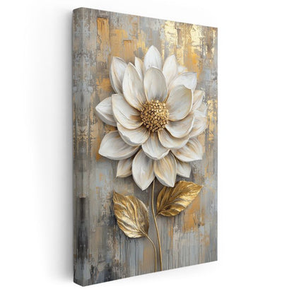 Beyaz Dahlia - Altın Detaylı Tekstürlü Çiçek Kanvas Tablo