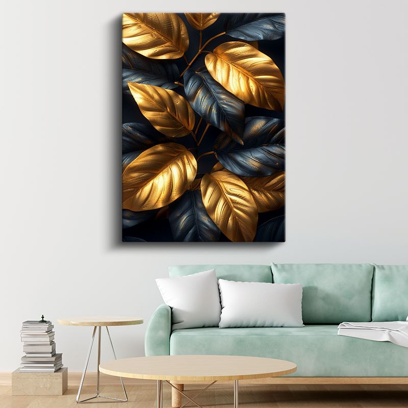 Altın ve Lacivert Yapraklar - Lüks Metalik Botanik Kanvas Tablo