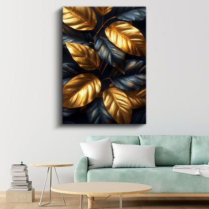 Altın ve Lacivert Yapraklar - Lüks Metalik Botanik Kanvas Tablo