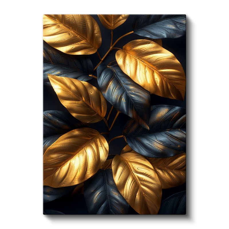 Altın ve Lacivert Yapraklar - Lüks Metalik Botanik Kanvas Tablo