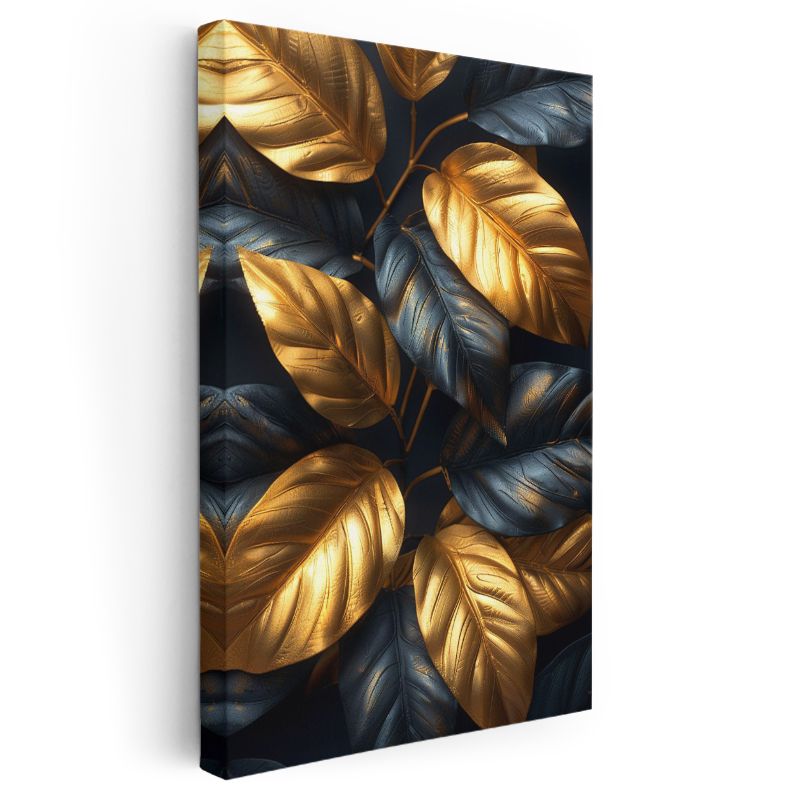 Altın ve Lacivert Yapraklar - Lüks Metalik Botanik Kanvas Tablo