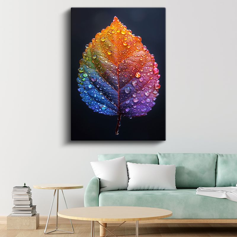 Gökkuşağı Yaprak - Çiy Damlalı Makro Doğa Kanvas Tablo