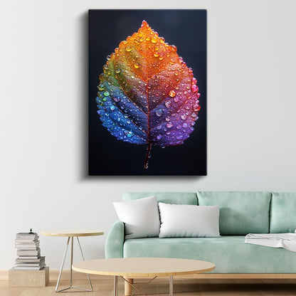 Gökkuşağı Yaprak - Çiy Damlalı Makro Doğa Kanvas Tablo
