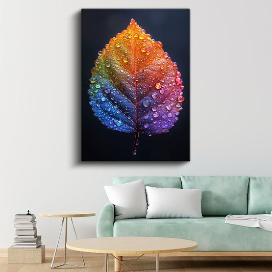 Gökkuşağı Yaprak - Çiy Damlalı Makro Doğa Kanvas Tablo