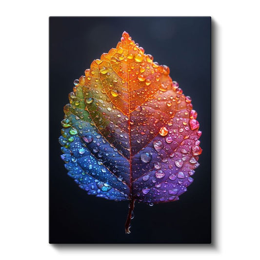 Gökkuşağı Yaprak - Çiy Damlalı Makro Doğa Kanvas Tablo