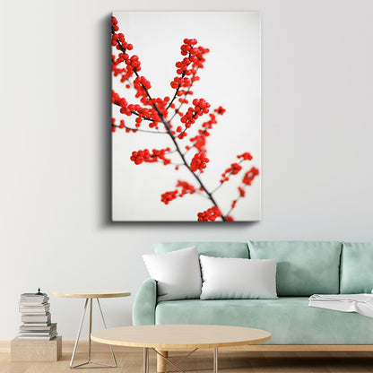 Kırmızı Meyveler - Minimalist Kış Dalı Kanvas Tablo
