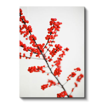 Kırmızı Meyveler - Minimalist Kış Dalı Kanvas Tablo