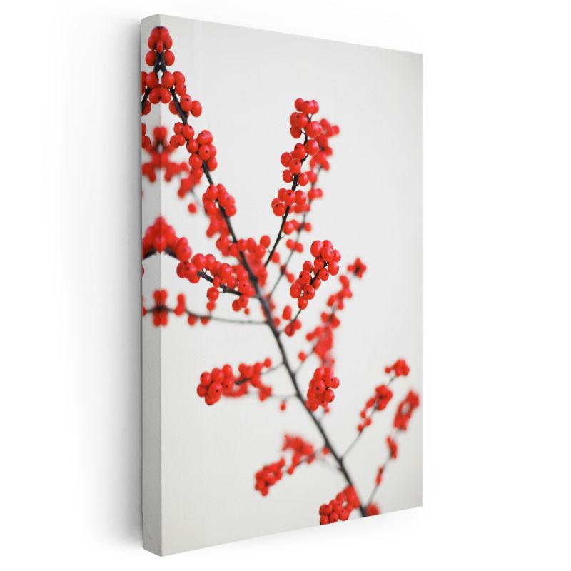 Kırmızı Meyveler - Minimalist Kış Dalı Kanvas Tablo