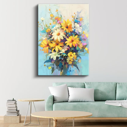 Papatya Buketi - Pastel Mavi Fon Yağlı Boya Kanvas Tablo