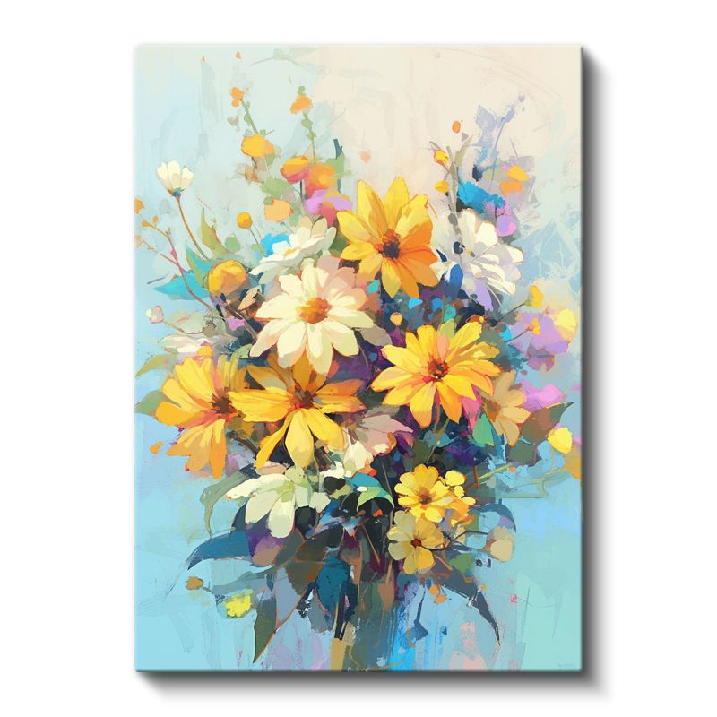 Papatya Buketi - Pastel Mavi Fon Yağlı Boya Kanvas Tablo