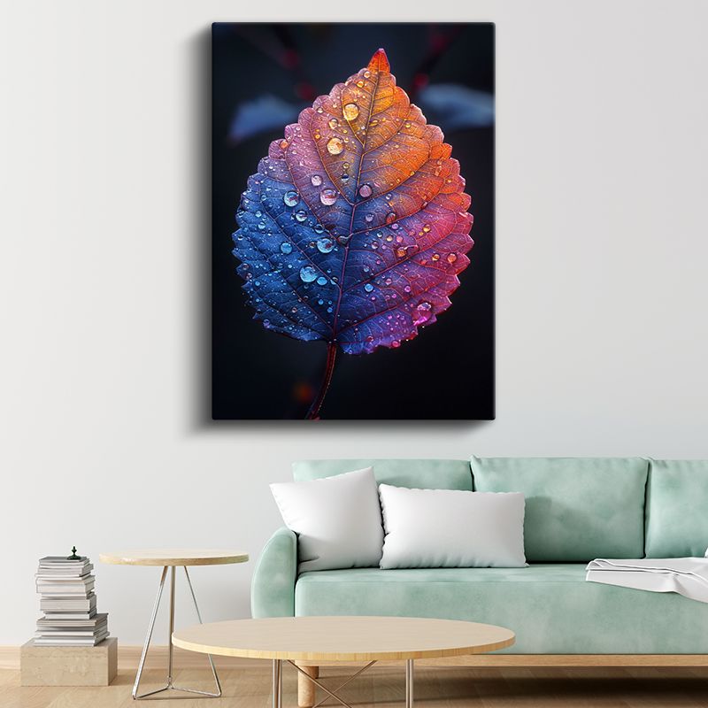 Gökkuşağı Yaprak Portresi - Çiy Damlalı Makro Kanvas Tablo