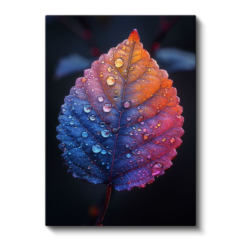 Gökkuşağı Yaprak Portresi - Çiy Damlalı Makro Kanvas Tablo