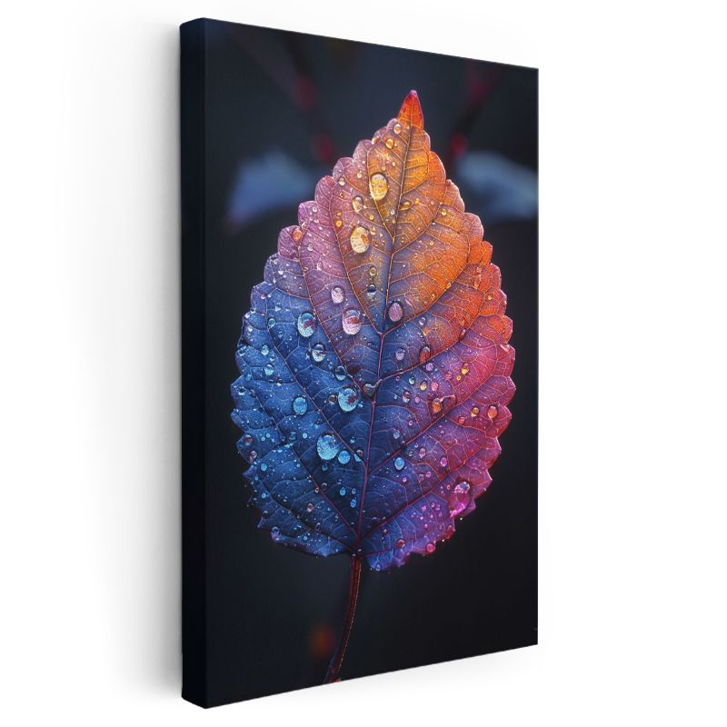 Gökkuşağı Yaprak Portresi - Çiy Damlalı Makro Kanvas Tablo