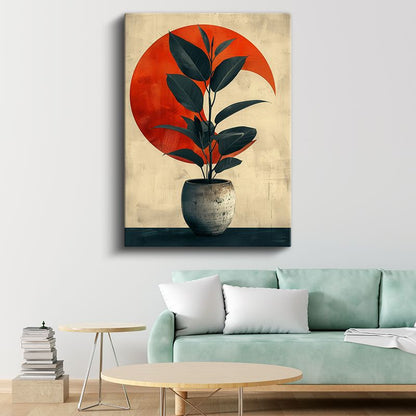 Minimalist Bitki - Kırmızı Daire Fonlu Saksılı Yaprak Kanvas Tablo