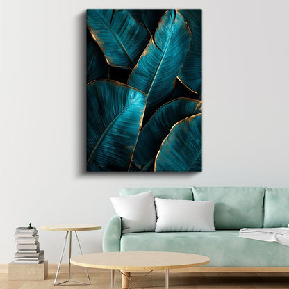 Turkuaz Yapraklar - Altın Detaylı Tropikal Bitki Kanvas Tablo