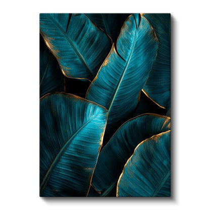 Turkuaz Yapraklar - Altın Detaylı Tropikal Bitki Kanvas Tablo