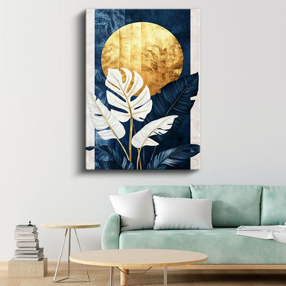 Altın Ay - Mavi Fonlu Beyaz Monstera Yaprakları Kanvas Tablo