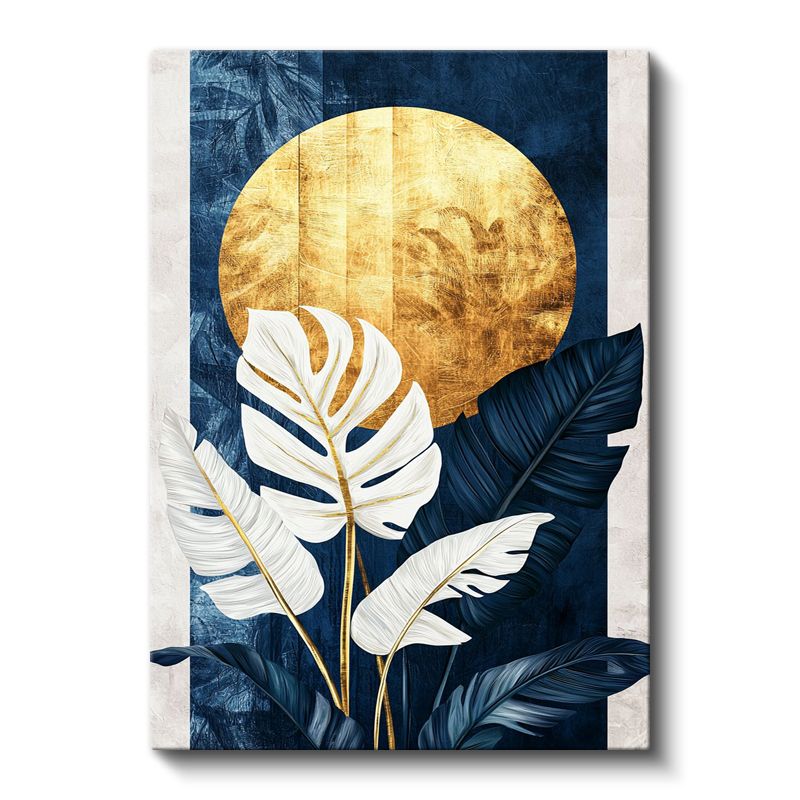 Altın Ay - Mavi Fonlu Beyaz Monstera Yaprakları Kanvas Tablo