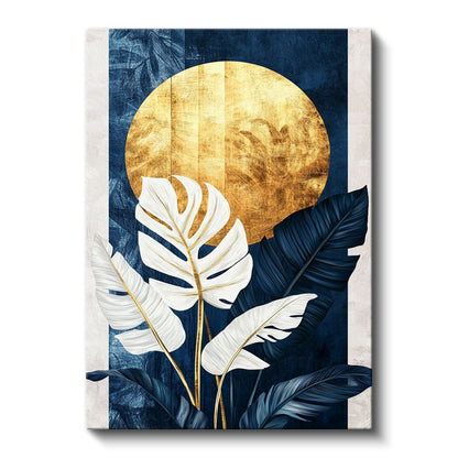 Altın Ay - Mavi Fonlu Beyaz Monstera Yaprakları Kanvas Tablo