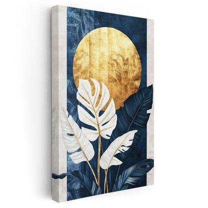 Altın Ay - Mavi Fonlu Beyaz Monstera Yaprakları Kanvas Tablo