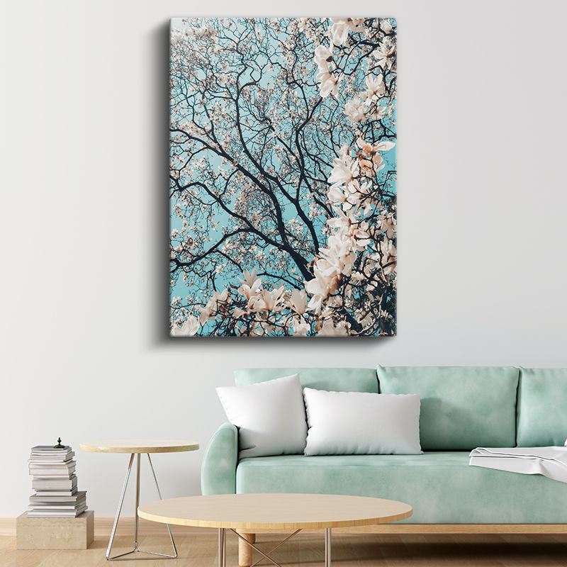 Bahar Dalları - Turkuaz Gökyüzünde Beyaz Çiçekler Kanvas Tablo
