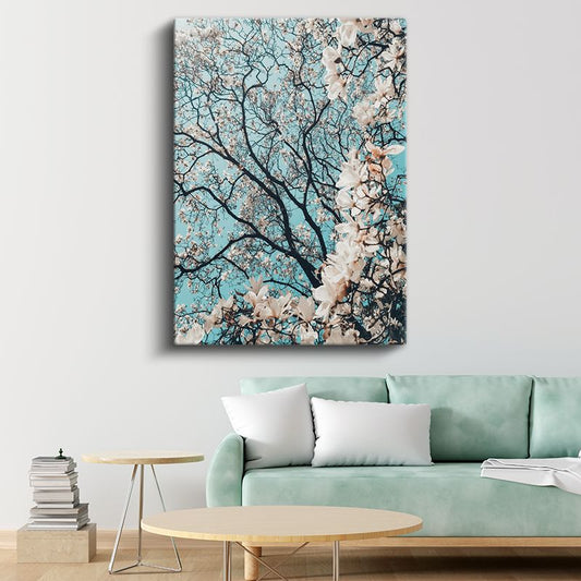 Bahar Dalları - Turkuaz Gökyüzünde Beyaz Çiçekler Kanvas Tablo