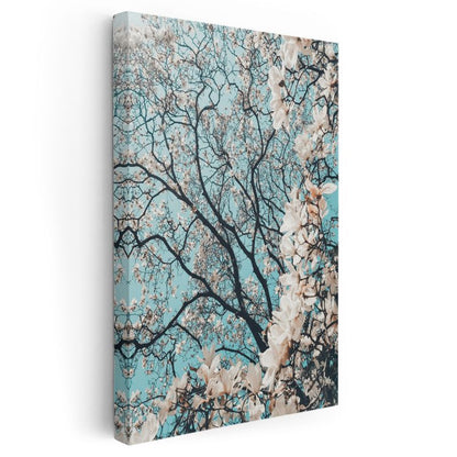 Bahar Dalları - Turkuaz Gökyüzünde Beyaz Çiçekler Kanvas Tablo